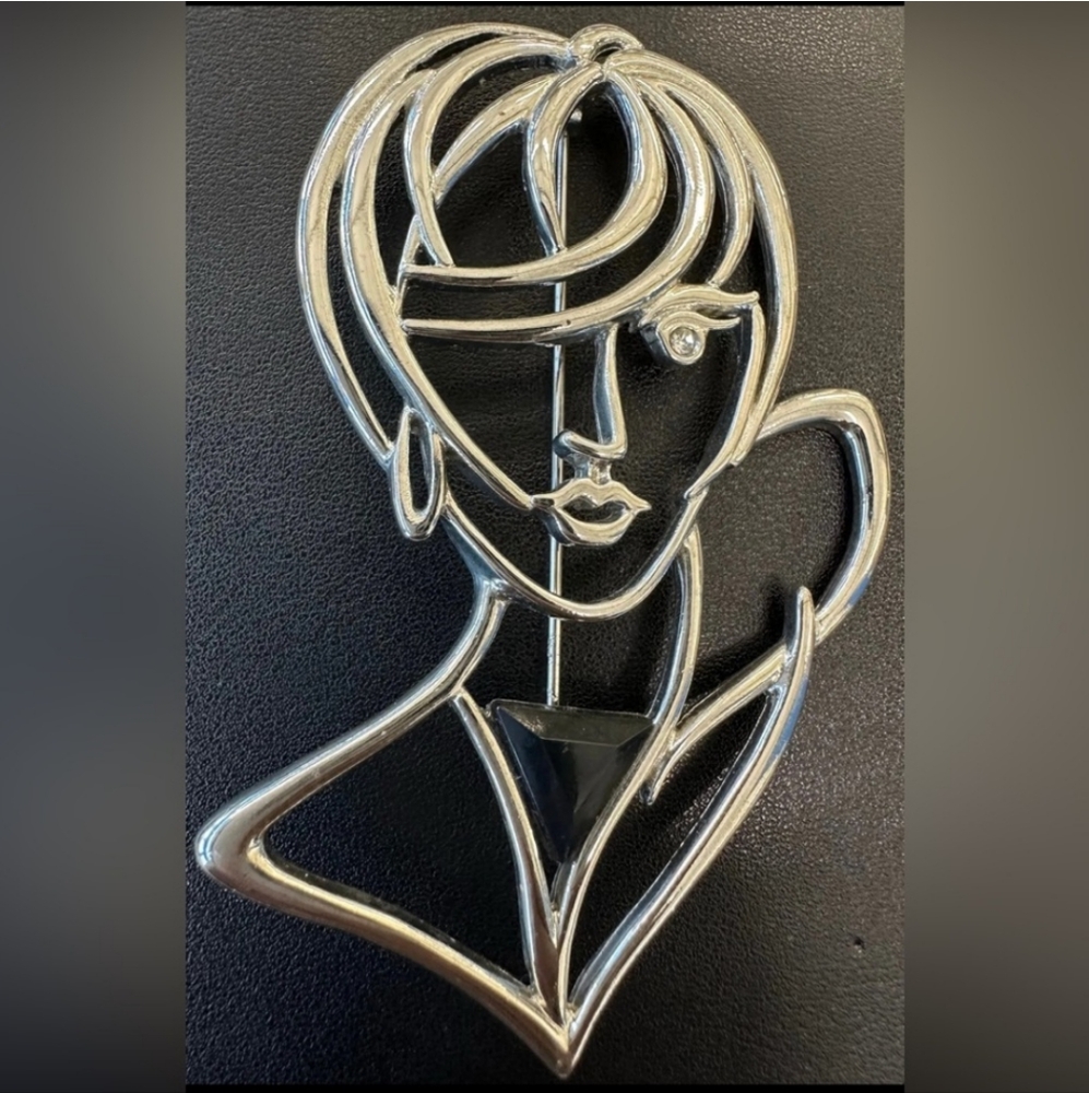 Vintage JJ Jonette Art Deco Abstract Woman Silhouette Silver Tone Brooch Pin